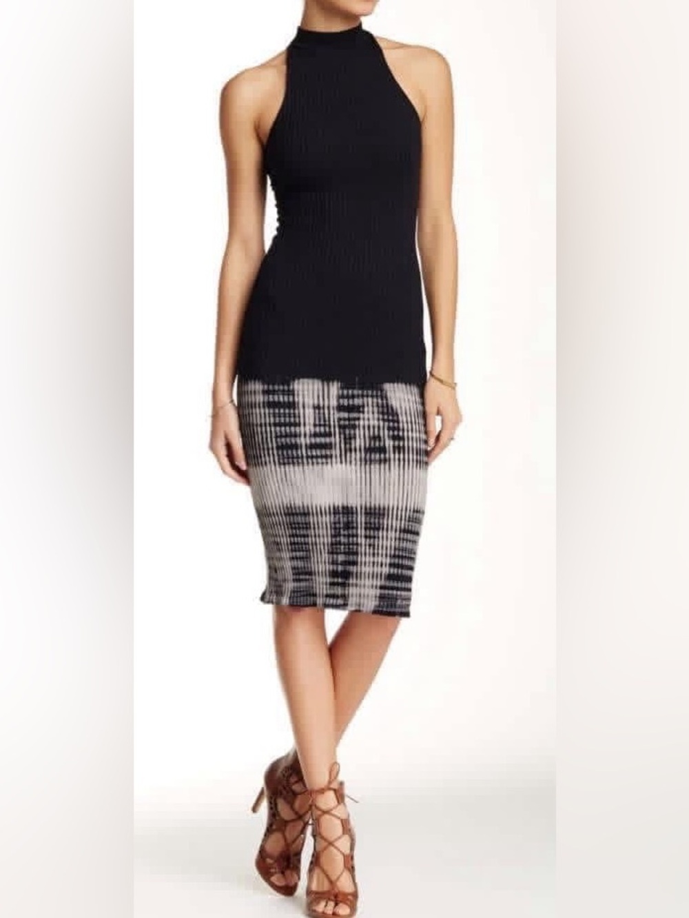NWT Mono B Black Halter Ribbed Midi Dress with Tie-Dye Bottom—Size Medium